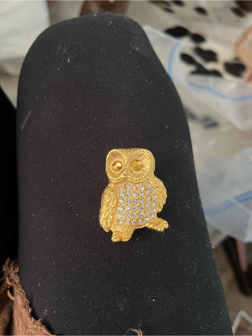 Gold-Tone Owl Brooch with Clear Crystal Accents